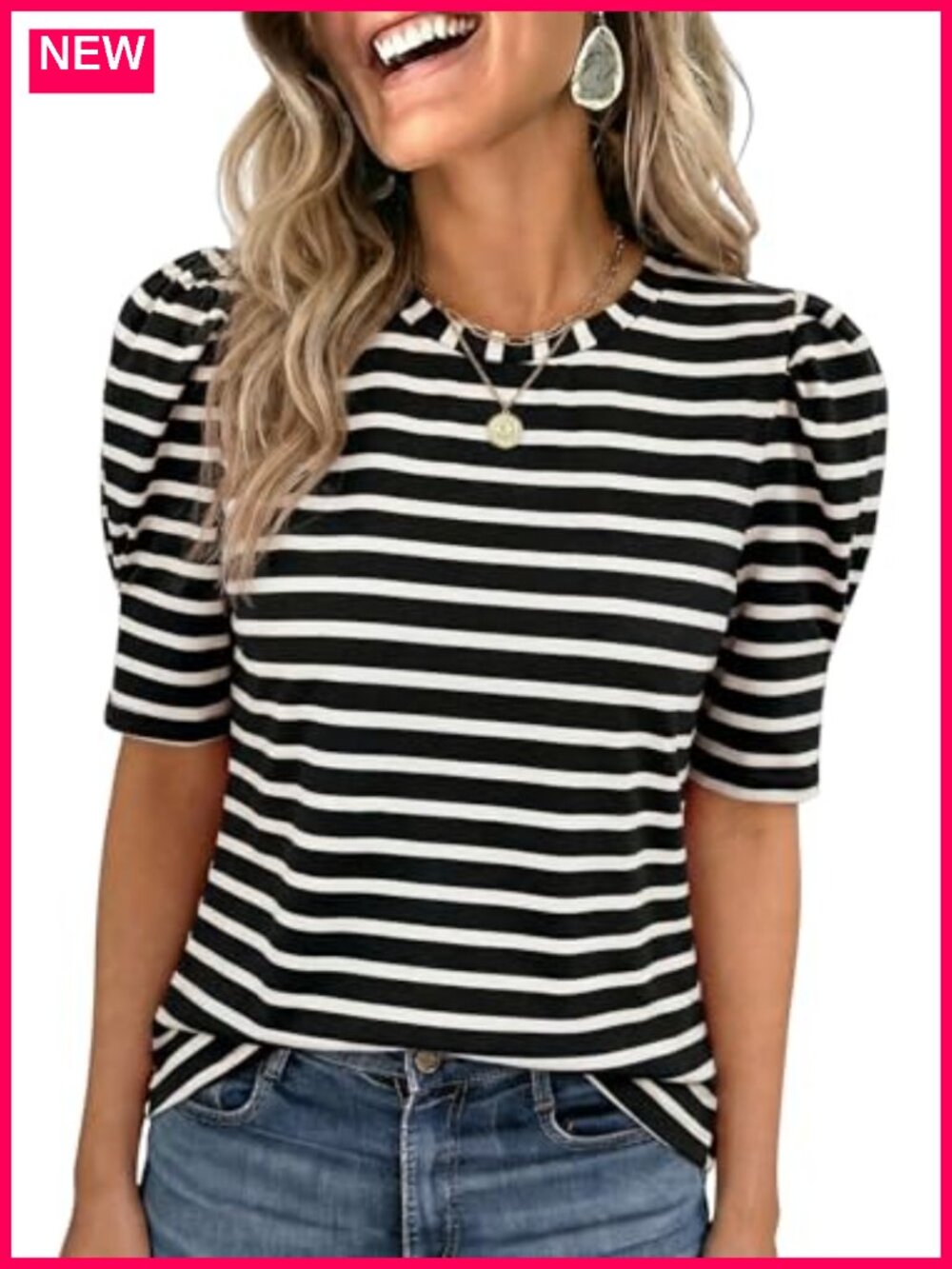 Women's Cotton Puff Sleeve Striped Crew Neck Tunic Tee Summer Casual Top